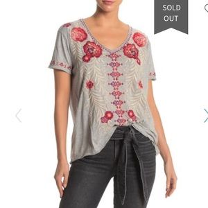 Johnny Was Gray T W/ Red Flower Embroidery & Trim